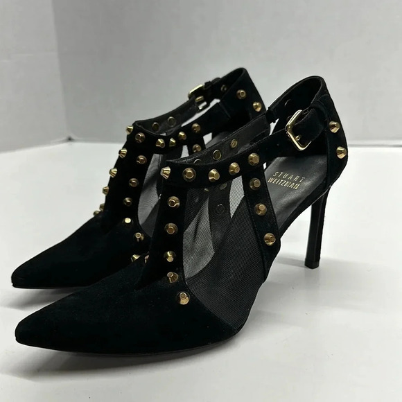 Stuart Weitzman Shoes - Stuart Weitzman Saunter Studded Suede Ankle Heeled Pumps Heels Black Size 6.5